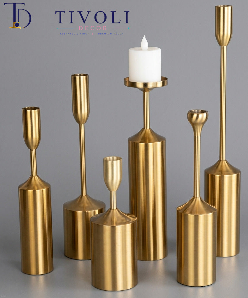 Modern Brass 6 Pieces Candle Holder Set – Multi-Height Pillar & Taper Candle stand