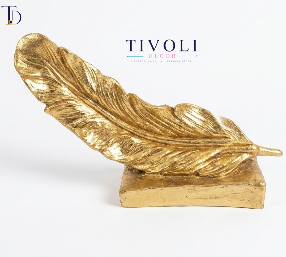 Modern Feather Statue on Stand – Luxury Gold and Black Shelf Accent
