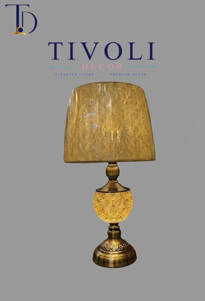 Traditional Brass Bedside Lamp with Amber Glass Orb – Premium Accent Light