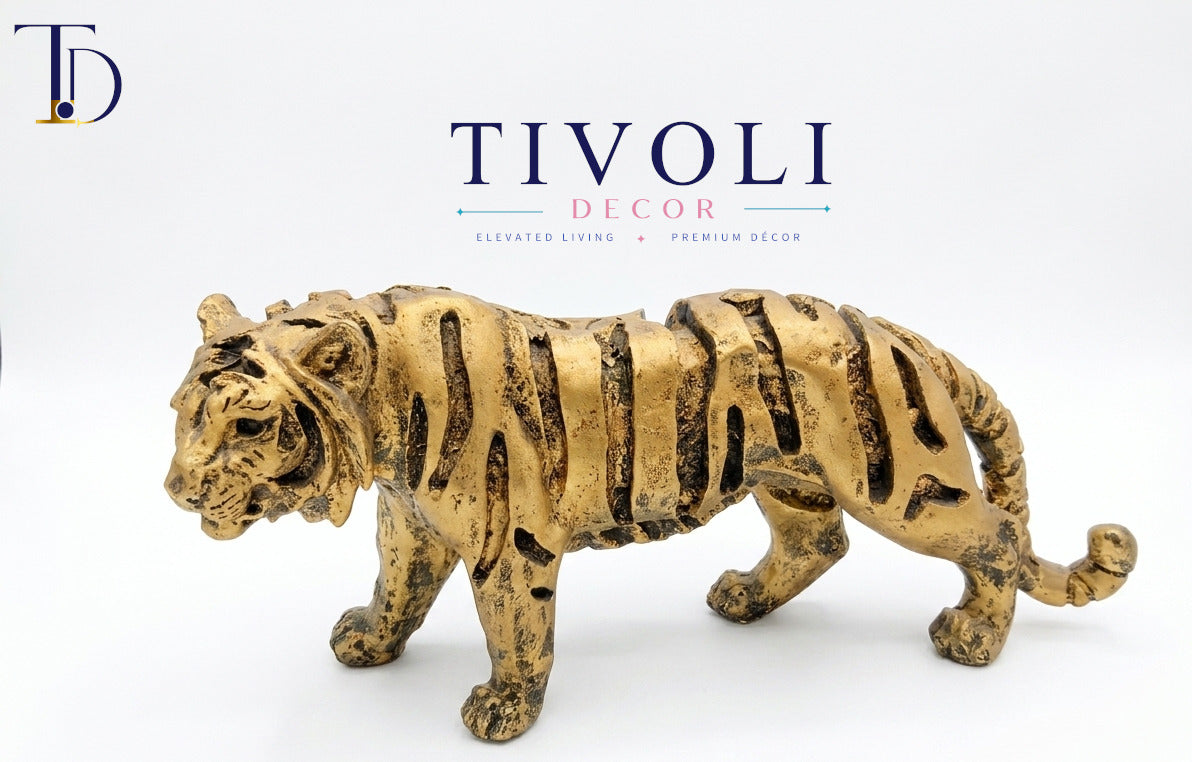Gold antique brass-finish resin tiger sculpture, vintage carved animal figurine for home decor