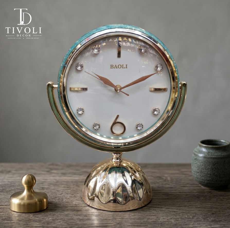 Gold table clock with teal enamel rim and crystal hour markers, Tivoli Decor