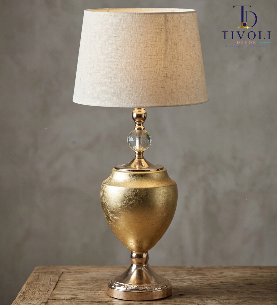 Gold leaf urn table lamp with crystal accent and linen shade – Tivoli Decor