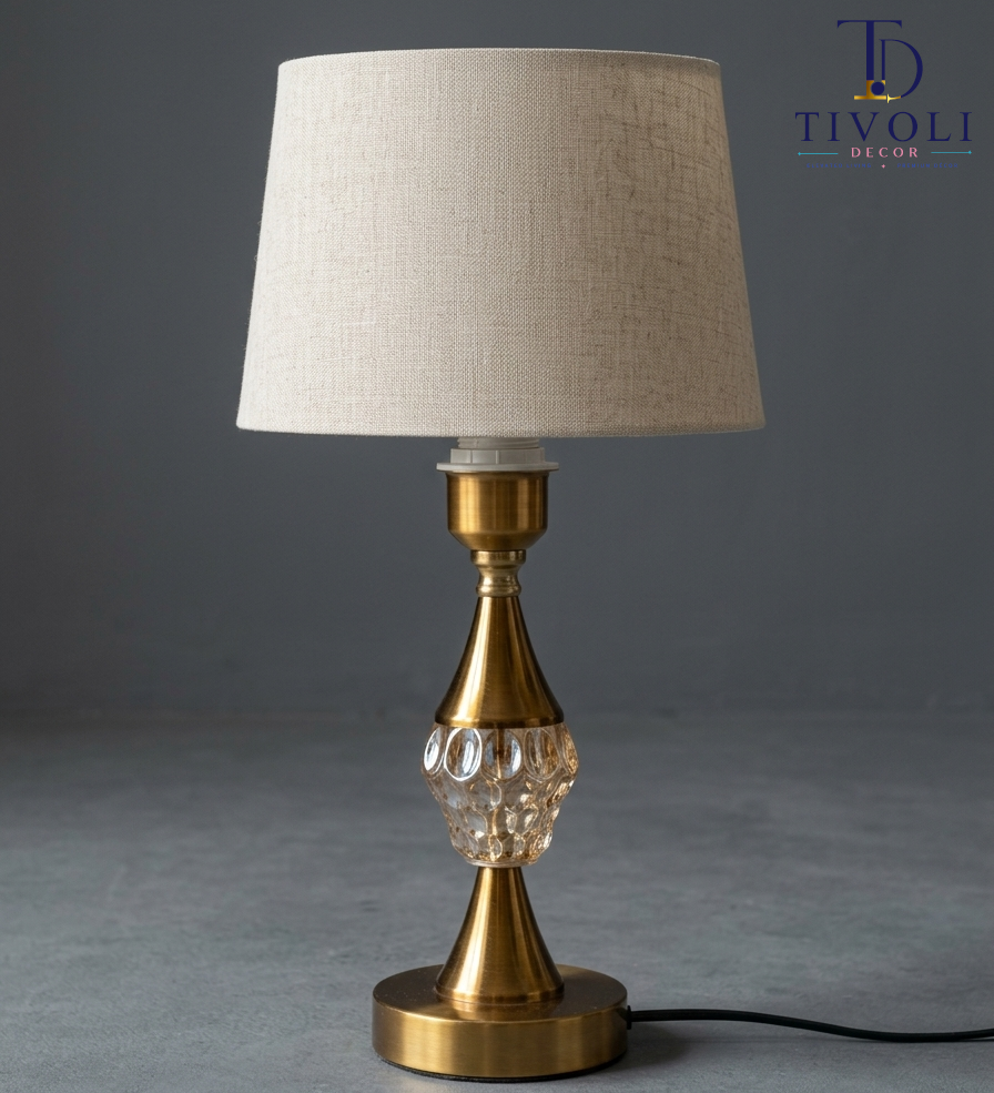 Antique brass table lamp with faceted glass center and linen shade – Tivoli Decor