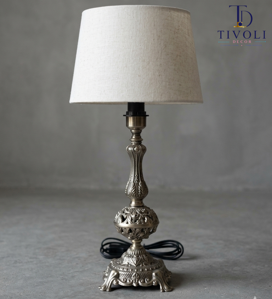 Ornate vintage-style silver table lamp with linen shade – Tivoli Decor Pakistan