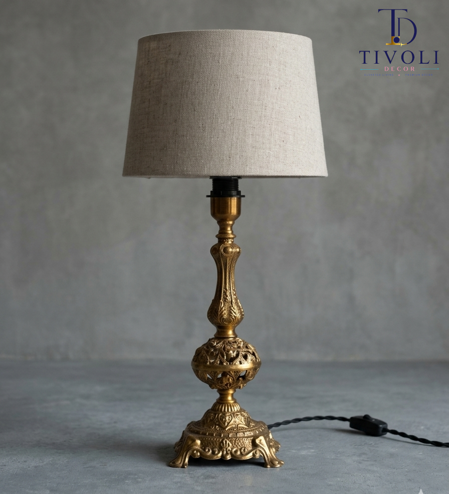Ornate vintage-style brass table lamp with linen shade – Tivoli Decor Pakistan
