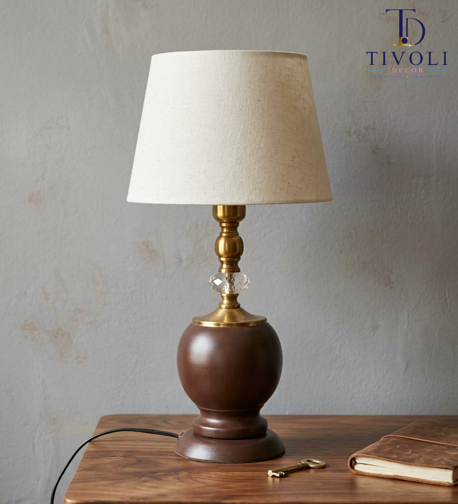 Wooden table lamp with brass neck and crystal accent – Tivoli Decor
