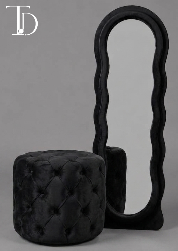 Branded Tivoli Decor Nero irregular wavy full-length floor mirror upholstered in a thick plush midnight black velvet fabric lining.