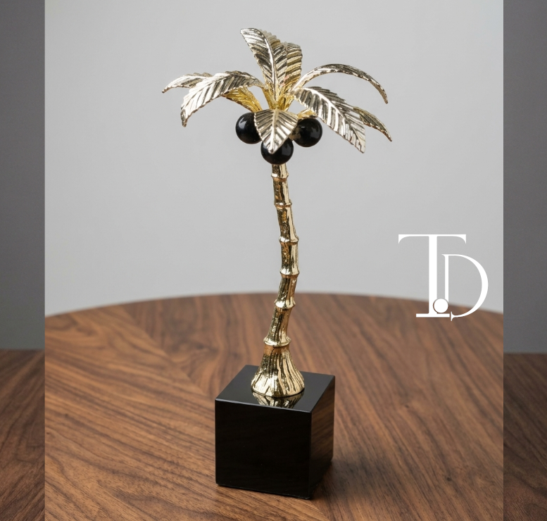 palm tree sculpture on black block base, luxury tabletop decor by Tivoli Decor Lahore Pakistan