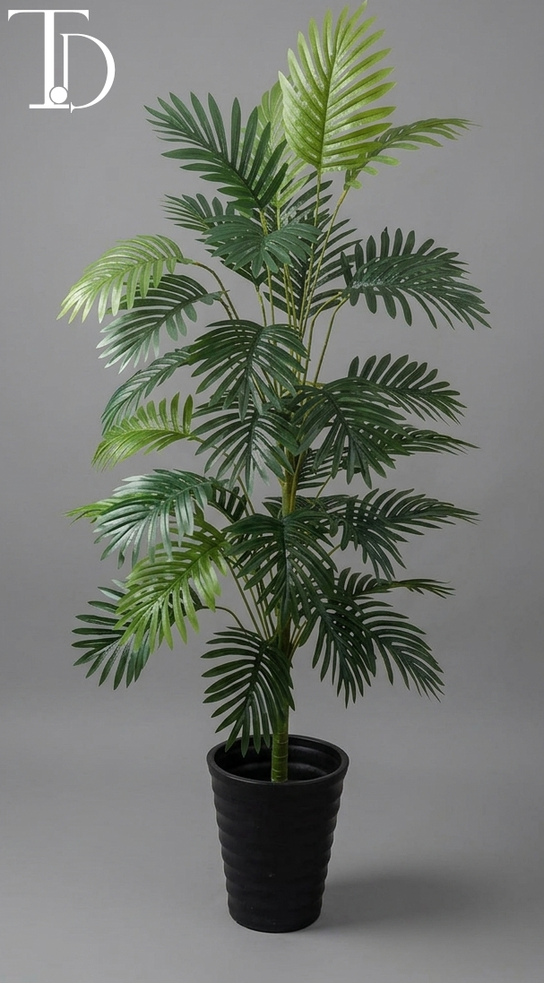 Branded Tivoli Decor luxury artificial parlor palm tree with dense green feathery fronds standing in a ribbed black pot against a grey background.
