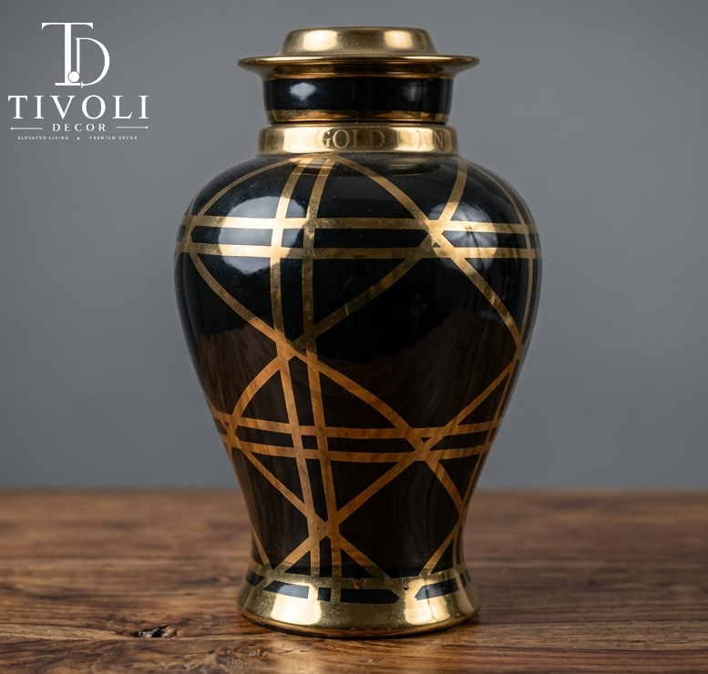 Black and gold geometric ginger jar vase with lid by TivoliDecor Pakistan