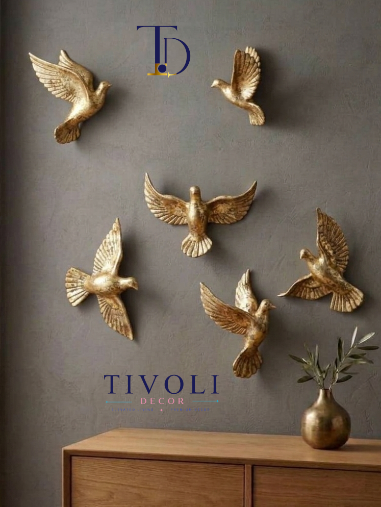 Luxury golden flying birds wall decor set by Tivoli Decor, a premium 3D abstract decoration piece for living room accent walls in Pakistan.