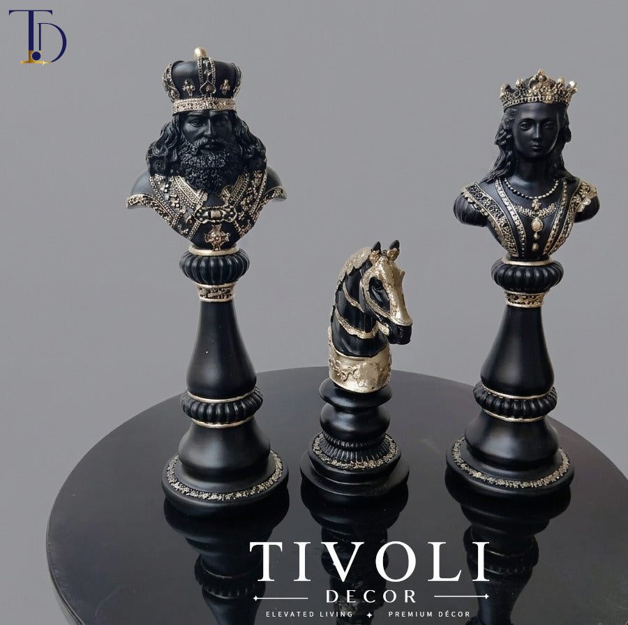 Luxury king, queen, and knight black and gold chess statue set by Tivoli Decor, a premium abstract table decoration piece for executive offices in Pakistan.
