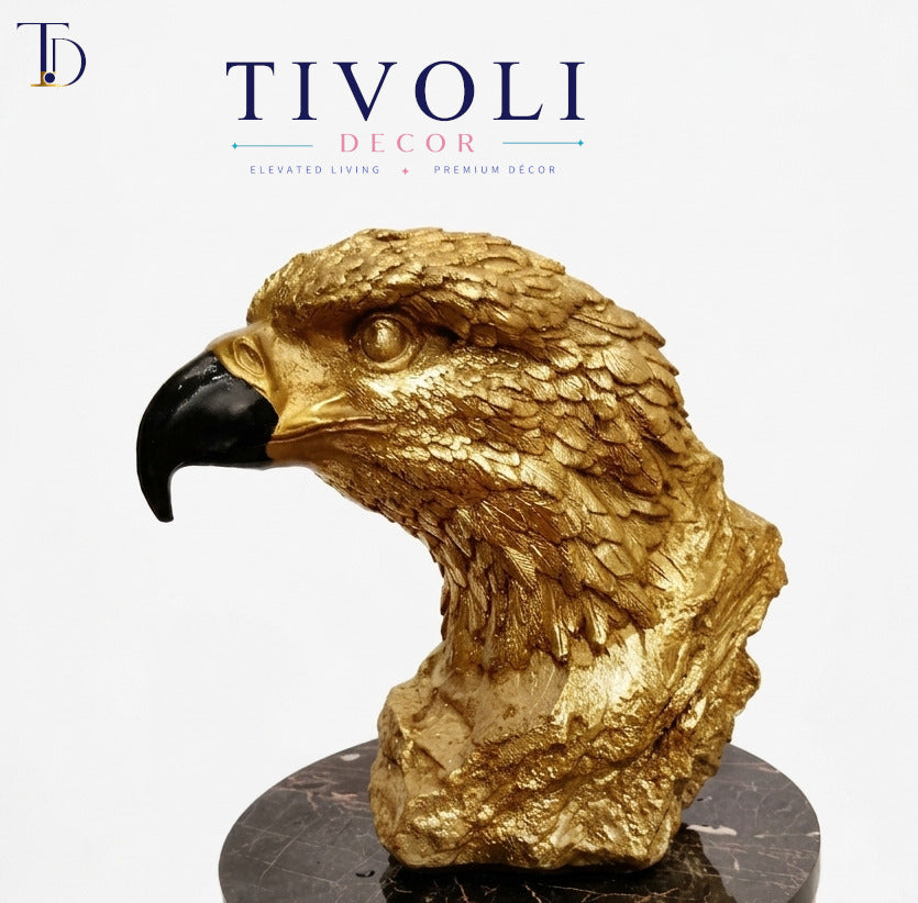 Branded Tivoli Decor luxury gold eagle head bust sculpture with an intricate feathered texture and a black beak.