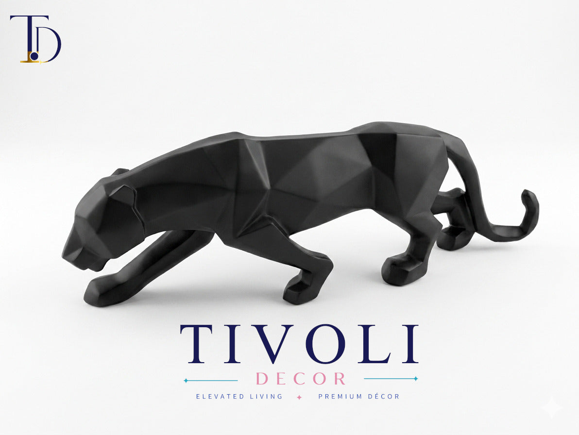 Modern geometric matte black jaguar statue by Tivoli Decor, a premium abstract decoration piece for living room TV consoles in Pakistan.