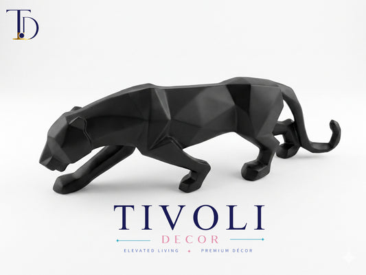 Modern geometric matte black jaguar statue by Tivoli Decor, a premium abstract decoration piece for living room TV consoles in Pakistan.