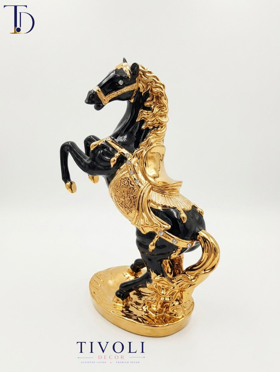 Royal black and golden rearing horse statue with crystal embellishments by Tivoli Decor, a premium luxury table decoration piece for living rooms in Pakistan.