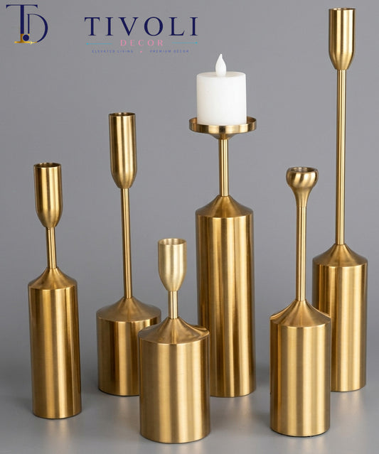 Modern Brass 6 Pieces Candle Holder Set – Multi-Height Pillar & Taper Candle stand
