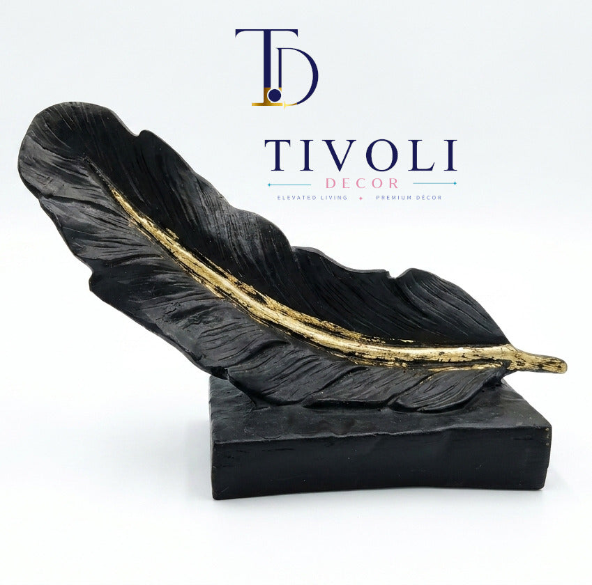 Modern Feather Statue on Stand – Luxury Gold and Black Shelf Accent