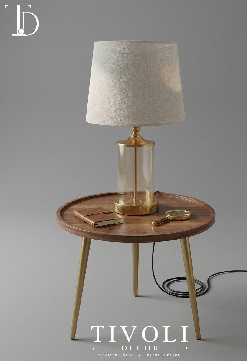 Modern Clear Glass Pillar Desk Lamp with Tapered Shade – Premium Gold Accent Lamp