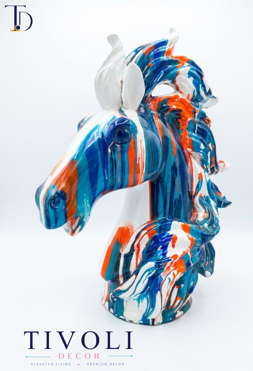 Abstract fluid art multi-color horse head bust with blue and orange paint drip pattern by Tivoli Decor, a premium luxury decoration piece in Pakistan