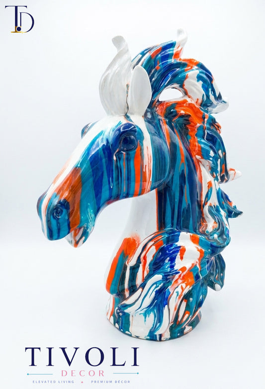 Abstract fluid art multi-color horse head bust with blue and orange paint drip pattern by Tivoli Decor, a premium luxury decoration piece in Pakistan