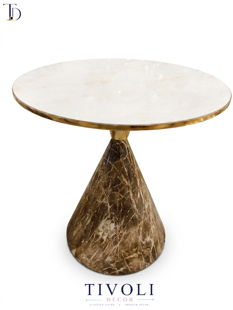 Modern White Marble Round End Table – Luxury Gold Rimmed Pedestal Table for Living Room