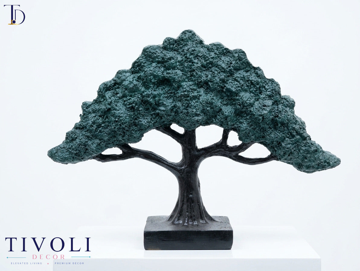 Antique teal textured bonsai tree sculpture on black base, modern home decor accent