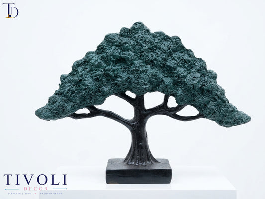 Antique teal textured bonsai tree sculpture on black base, modern home decor accent