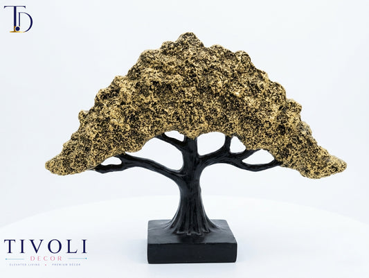 Antique gold textured bonsai tree sculpture on black base, modern home decor accent
