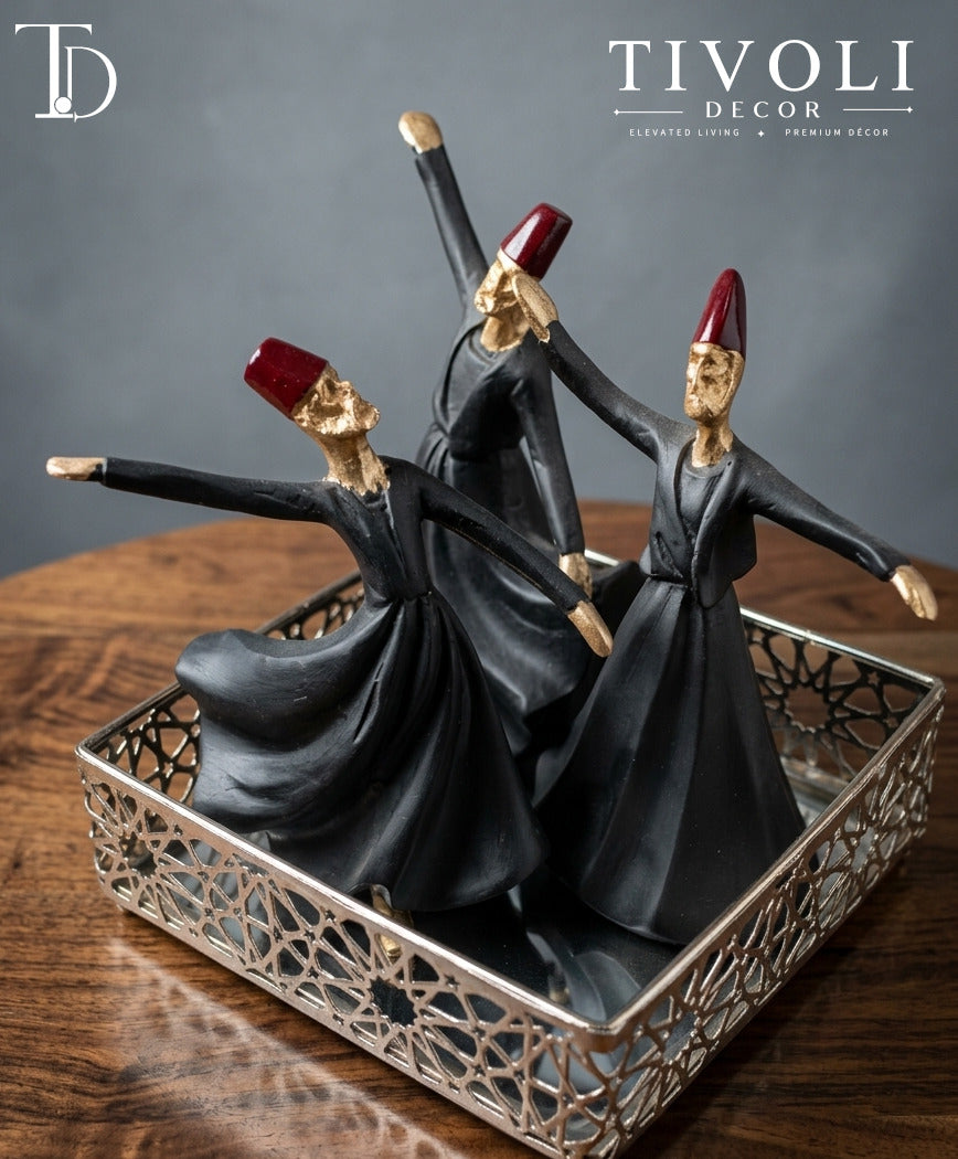 Sufi whirling dervish trio statue set by Tivoli Decor, a premium spiritual abstract decoration piece for living room tables in Pakistan.