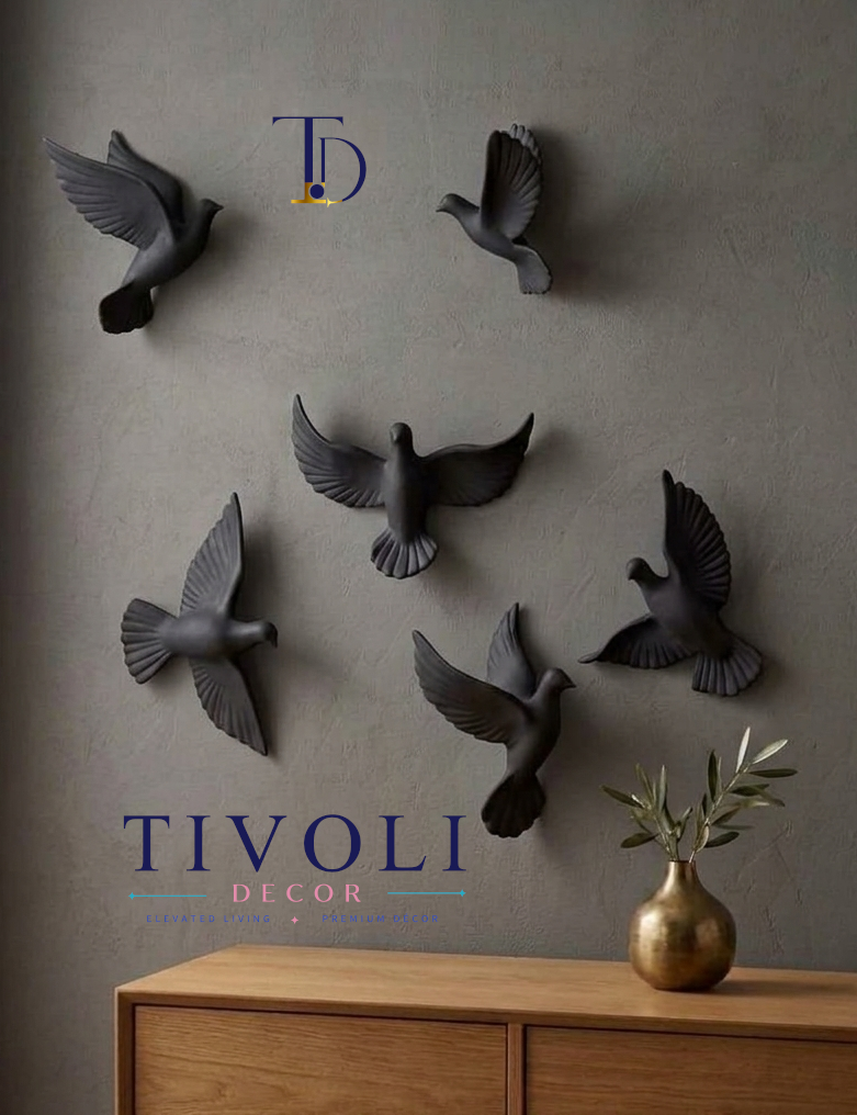 Modern matte black flying birds wall decor set by Tivoli Decor, a premium 3D abstract decoration piece for living room accent walls in Pakistan.