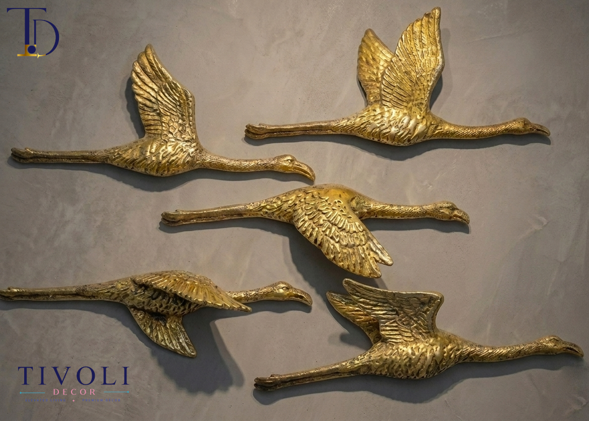Luxury golden flying birds 3D wall decor set of 5 by Tivoli Decor, a premium abstract decoration piece for living room accent walls in Pakistan.