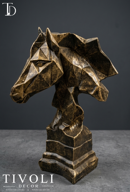Geometric golden horse head statue by Tivoli Decor, a premium abstract decoration piece for living room console tables in Pakistan.Close-up of the antique metallic gold finish on the 3D faceted geometric horse sculpture from Tivoli Decor.