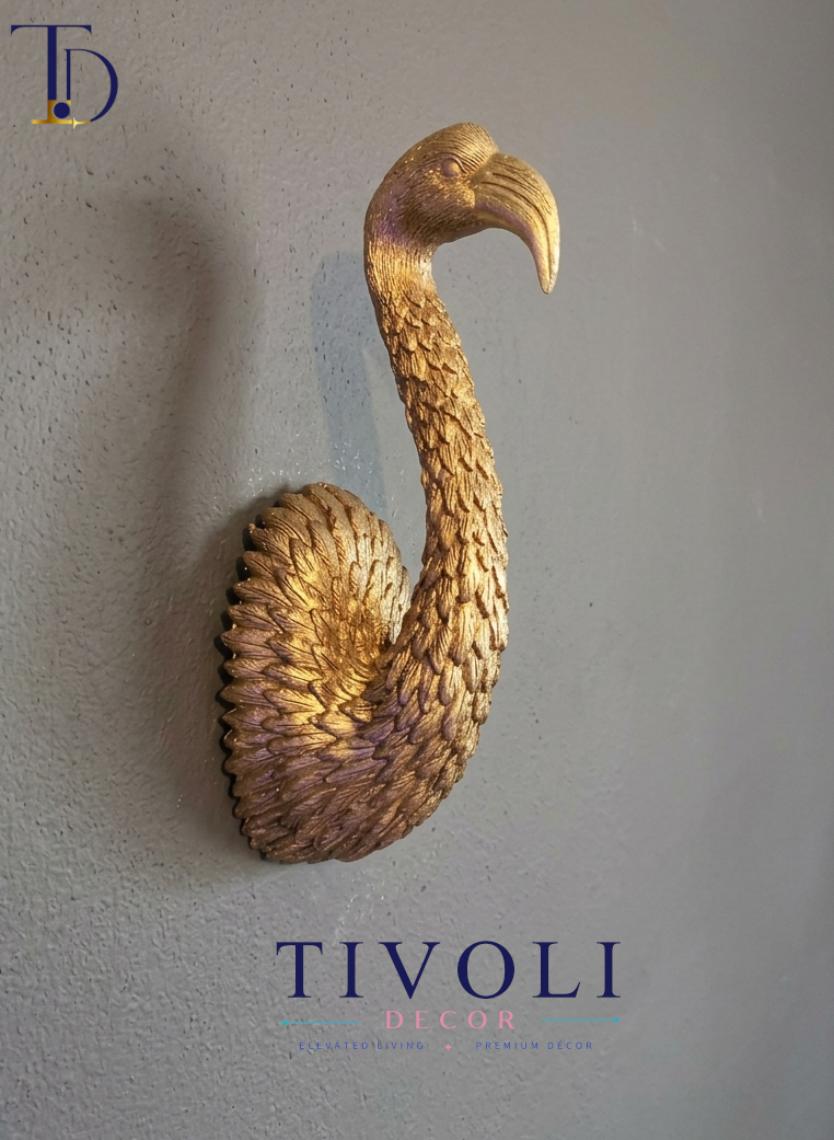 Luxury metallic golden flamingo 3D wall sculpture by Tivoli Decor, a premium abstract decoration piece for living room feature walls in Pakistan.