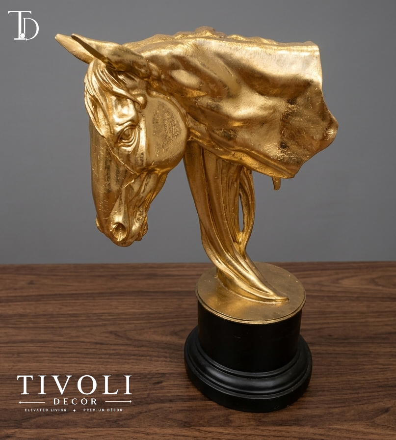 Gold leaf horse head sculpture on pedestal base – Tivoli Decor