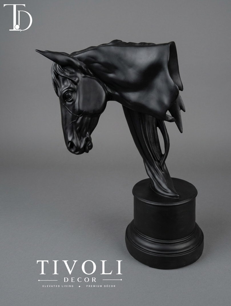 Matte black horse head sculpture on pedestal base – Tivoli Decor