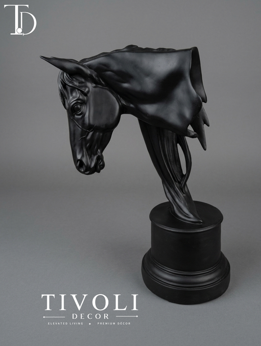 Matte black horse head sculpture on pedestal base – Tivoli Decor