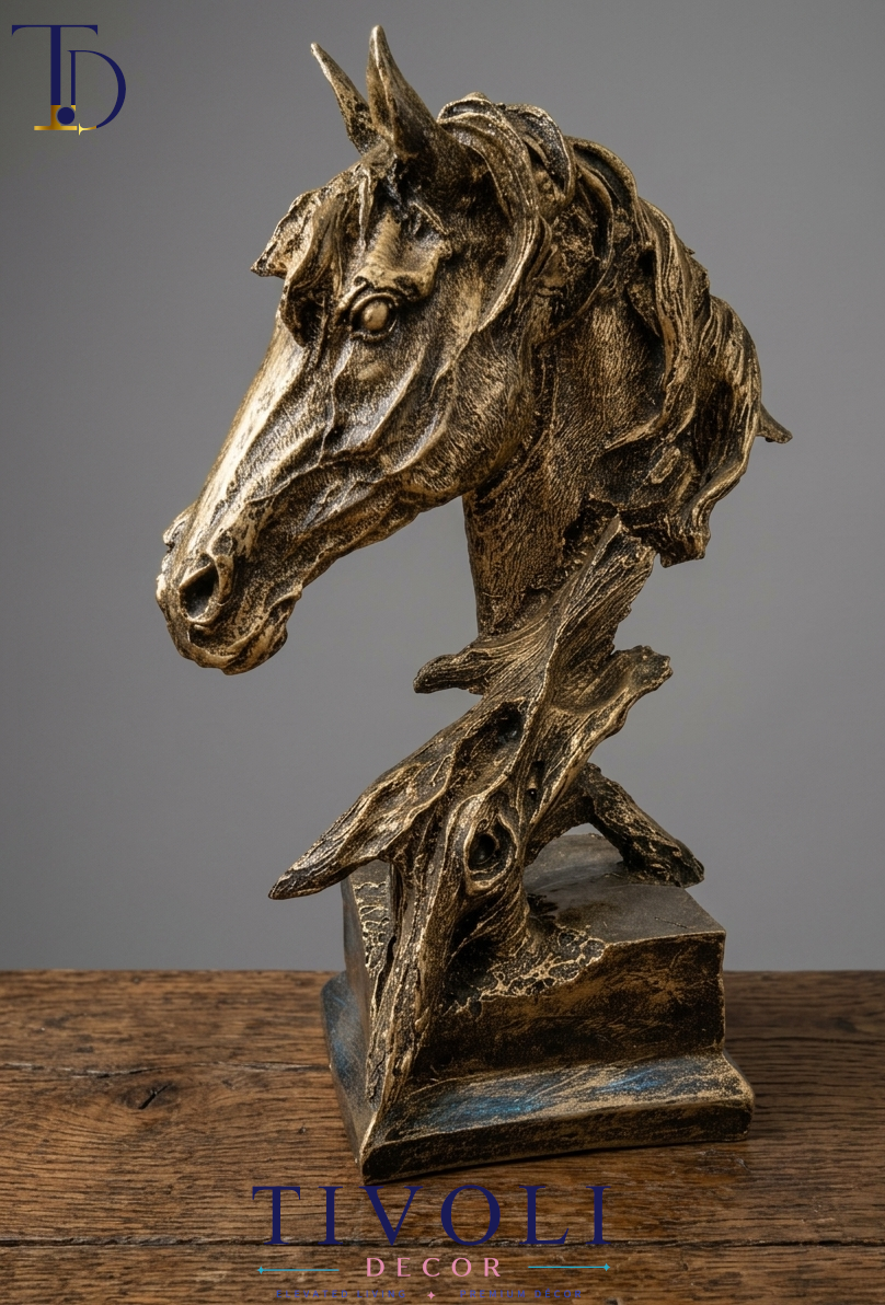 Tivolidecor Antique silver textured horse head bust sculpture on wooden table