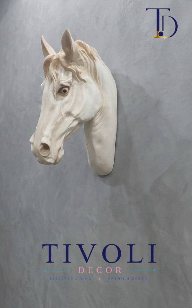 Elegant ivory white horse head 3D wall sculpture by Tivoli Decor, a premium abstract decoration piece for living room feature walls in Pakistan.