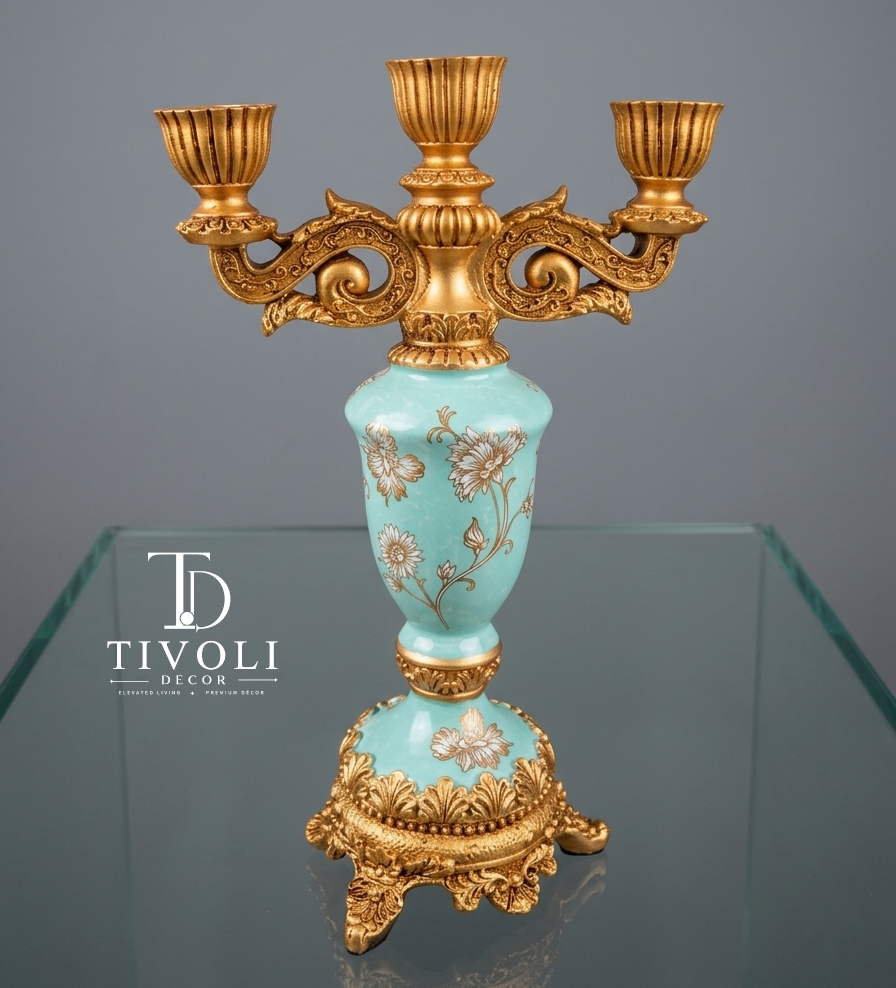 Turquoise and gold 3-arm candelabra with hand-painted floral design on glass table – Tivoli Decor