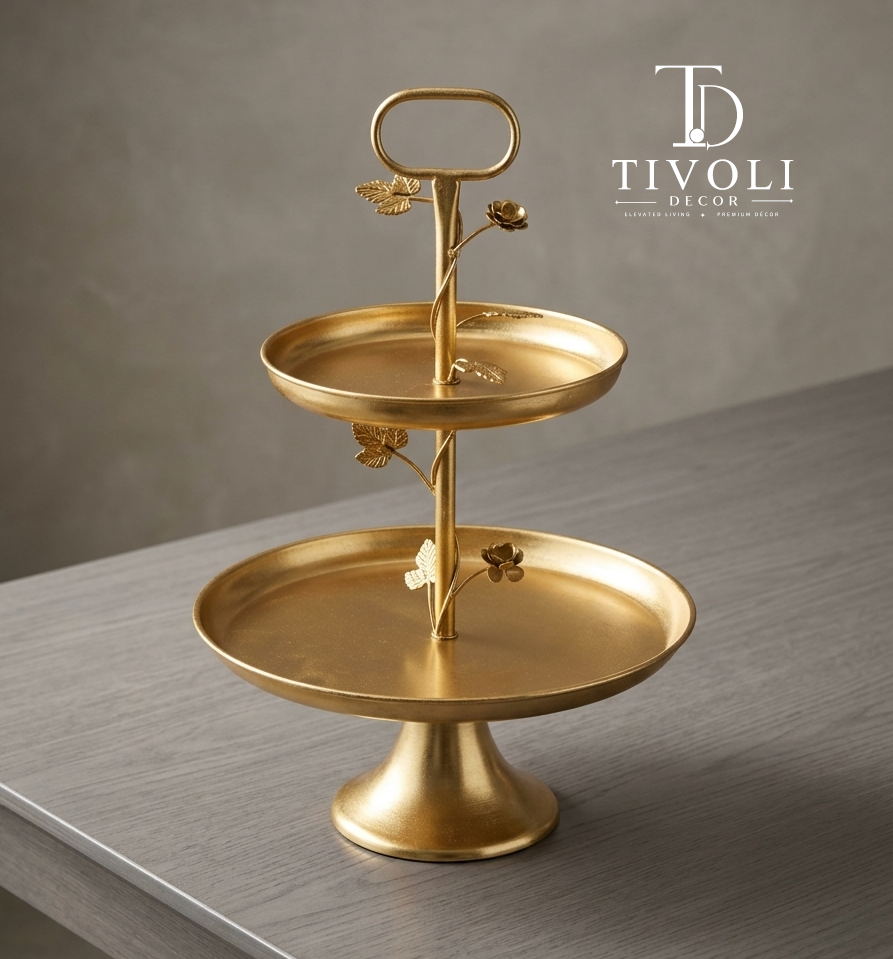 Gold 2-tier metal cake stand with rose and leaf handle detail, Tivoli Decor