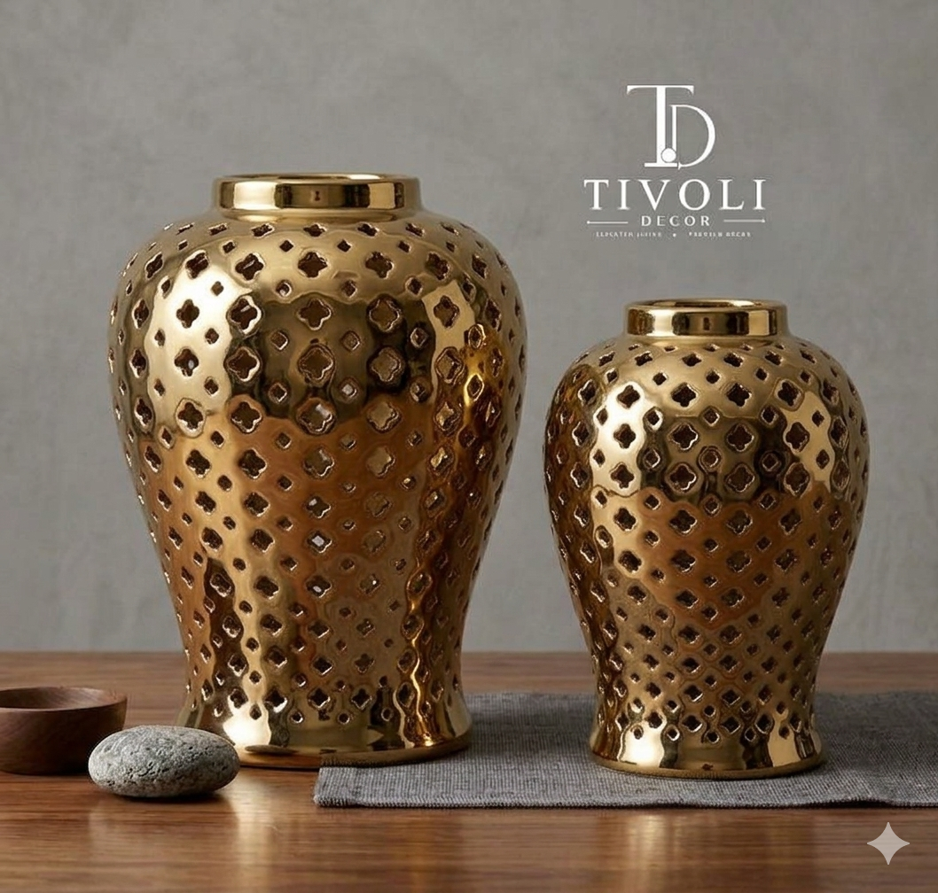 Pierced Ceramic Vase – White & Gold Jar Vase Pakistan (set of 2)