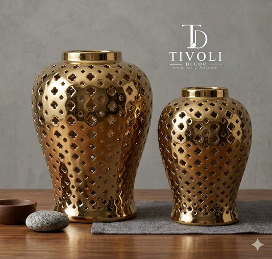 Pierced Ceramic Vase – White & Gold Jar Vase Pakistan (set of 2)