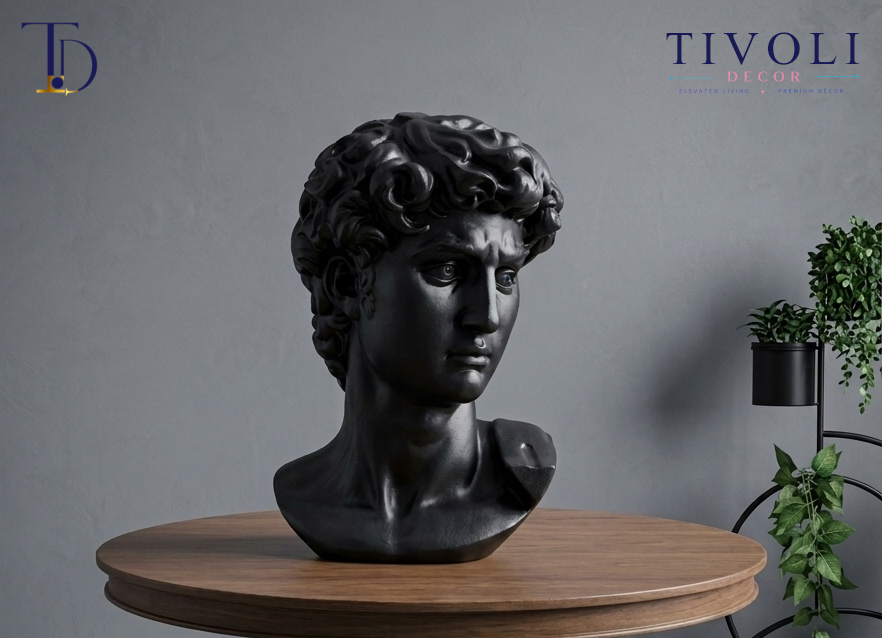 Modern matte black David bust statue by Tivoli Decor, a premium classical decoration piece for living room tables in Pakistan.