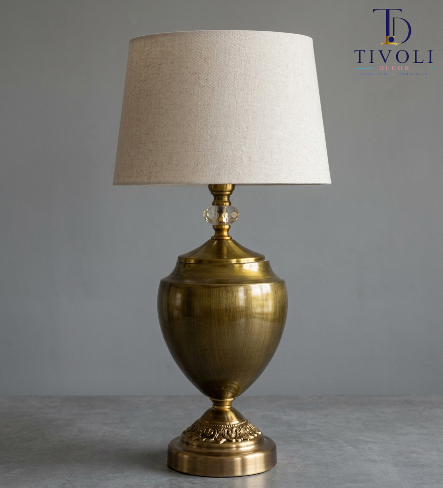 Antique brass urn table lamp with crystal accent and linen shade – Tivoli Decor