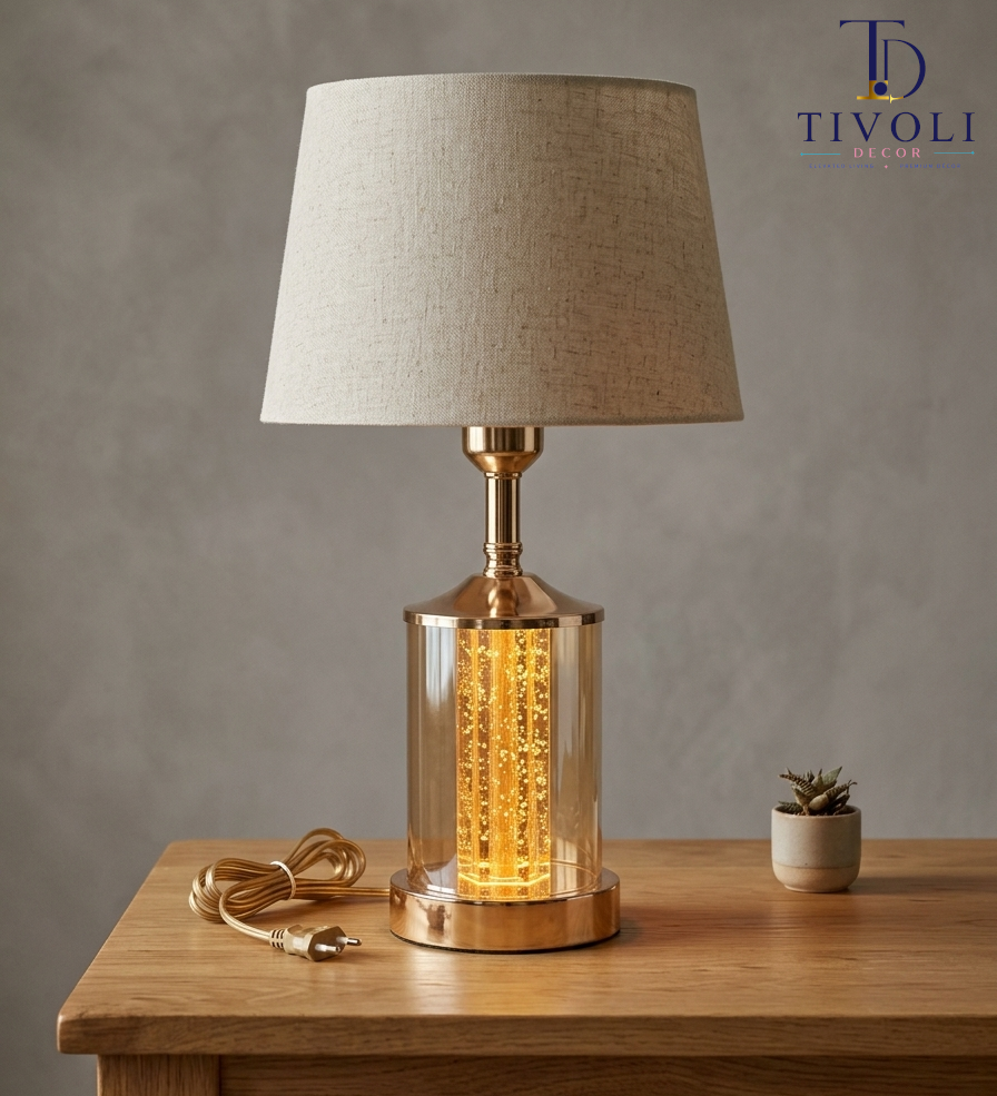 Gold glass table lamp with LED bubble light effect – Tivoli Decor