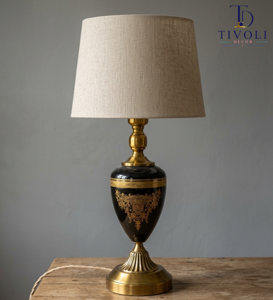 Black and gold ceramic urn table lamp with linen shade – Tivoli Decor