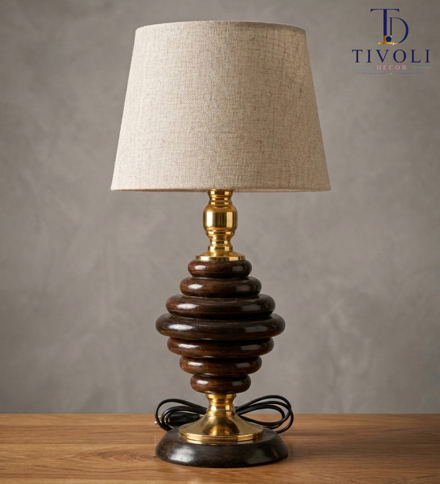 Ribbed Wooden Table Lamp with Brass Accents | set of 2  – Tivoli Decor