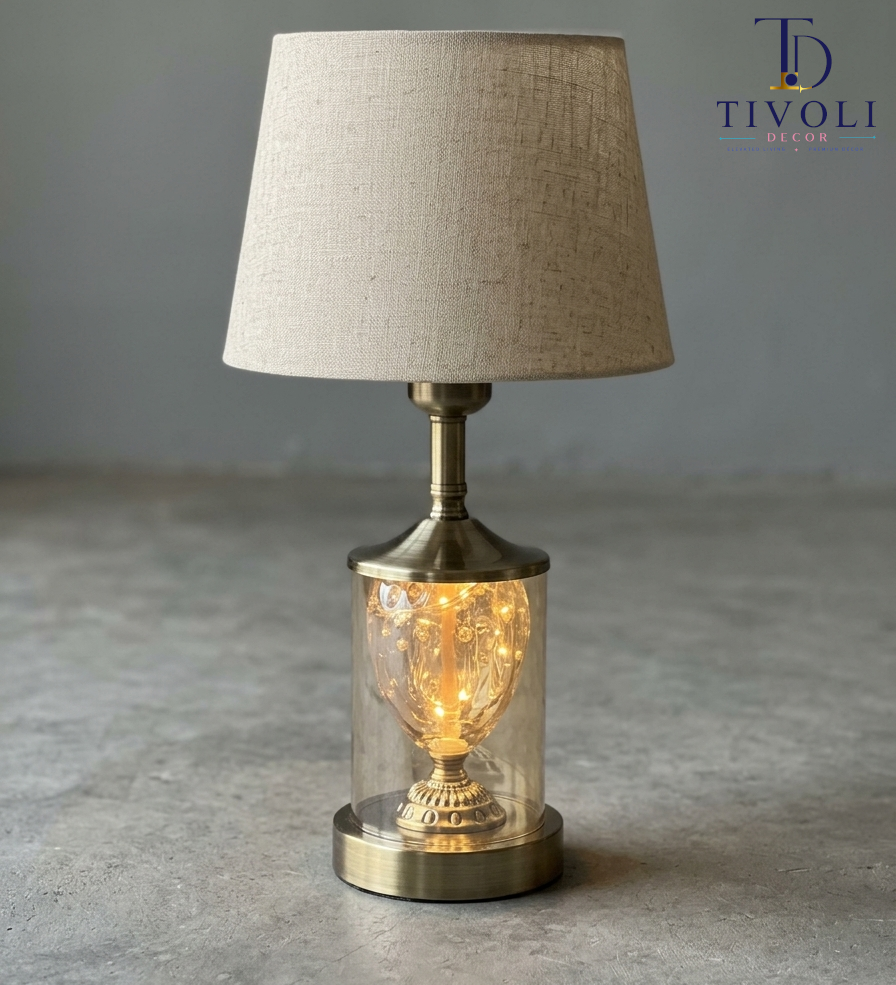 Antique brass glass table lamp with linen shade and fairy lights – Tivoli Decor Pakistan