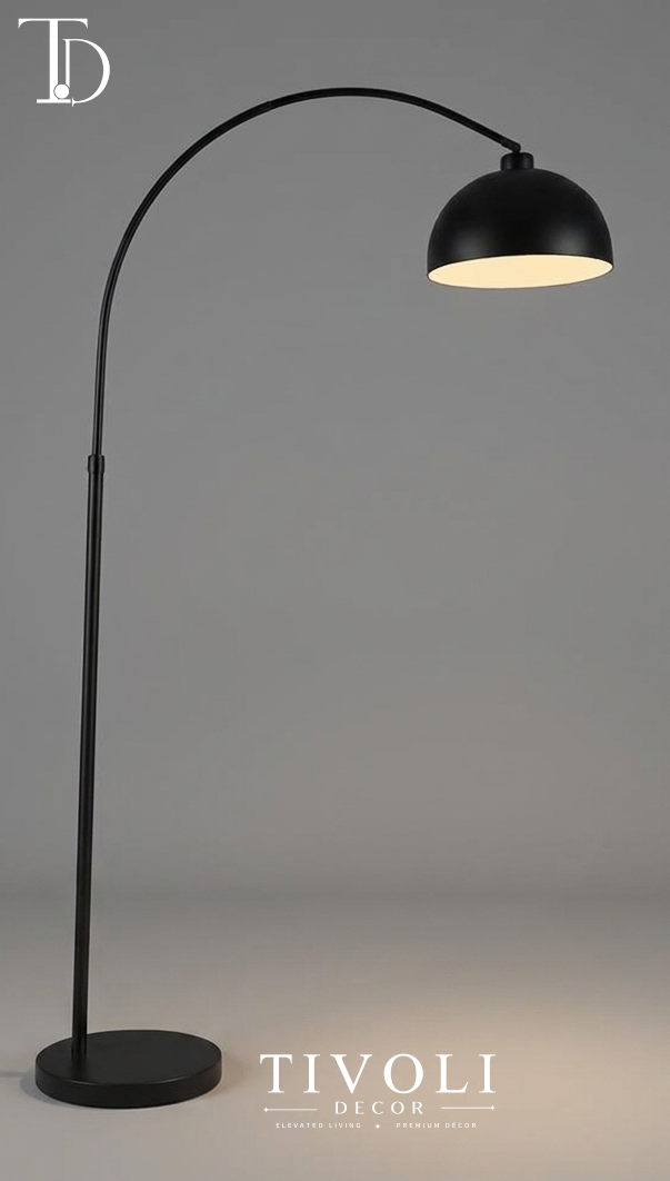 Branded Tivoli Decor modern black arc floor lamp with a sweeping curved metal stem and minimalist dome shade against a grey studio background.
